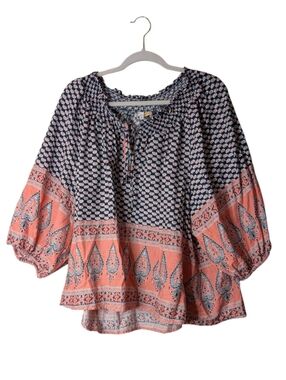 C&C California Linen Blend Oversize Balloon Sleeve Paisley peasant Blouse XL